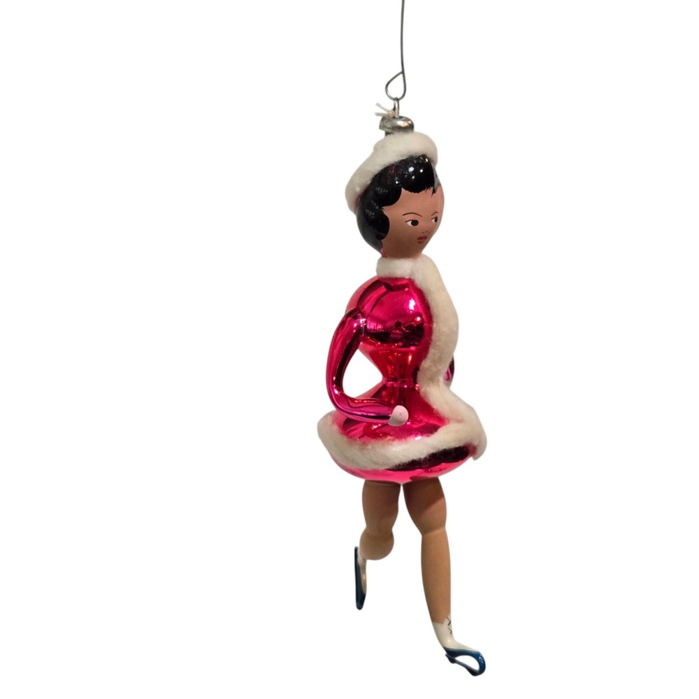 Vintage MCM De Carlini Italy Ice Skater Ornament Mercury Glass Faux Fur Blown